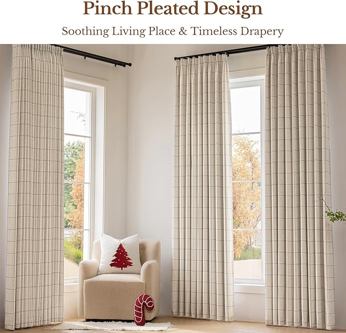 Linen Plaid Blackout Curtains Gingham Double Layer - Image 2