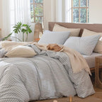 MooMee Striped Duvet Cover Set 100% Washed Cotton Linen Like Textured - Image 3