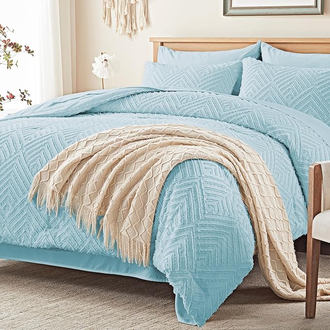Zzlpp Full Comforter Set 7 Pieces, Light Blue Tufted Bed in a Bag - Image 2