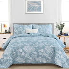 WONGS BEDDING Botanical Quilt Set King Size, Aqua 3 Pieces Toile Floral Plants - Image 2