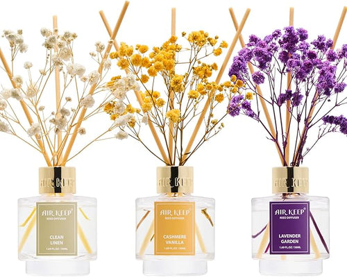 Airkeep Reed Diffuser Set of 3, Clean Linen Cashmere Vanilla Lavender Garden by Airkeep