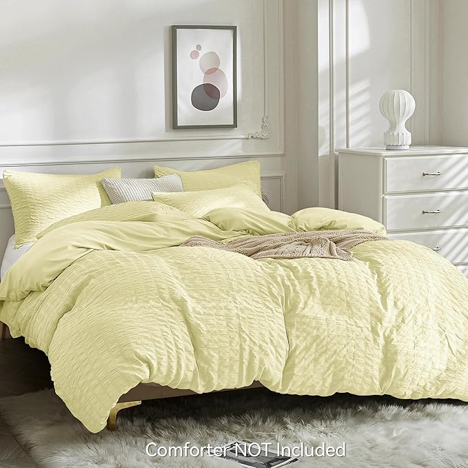 JELLYMONI Light Yellow Duvet Cover Twin Size, Soft Breathable Seersucker Duvet - Image 3
