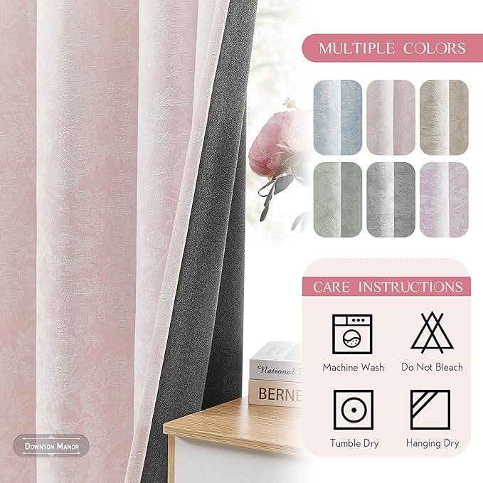 Beauoop Pink Floral Jacquard Blackout Curtains 63 Inches Long 2 Panels - Image 8