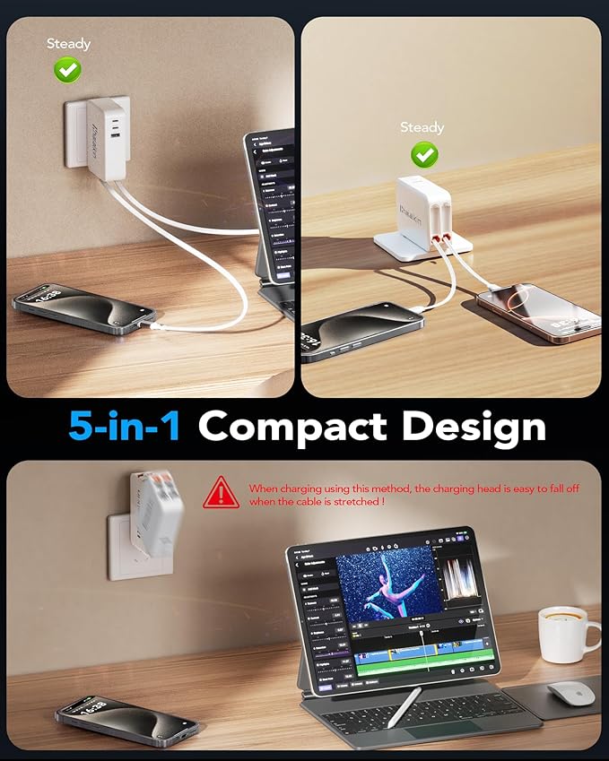 65W for MacBook Pro Charger, 5-in-1 Retractable Wall Charger Plug for iPhone 17 - Image 8