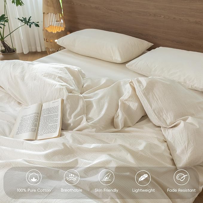 MooMee Striped Duvet Cover Set 100% Washed Cotton Linen Like Textured - Image 3