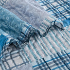 Xruibed Blue Quilt Set King Size 3 Pieces Plaid Floral Boho Bedspread Coverlet - Image 7