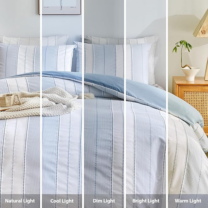 WARMDERN Blue Striped Weave Duvet Cover Queen Size, Microfiber Textured Bedding - Image 8
