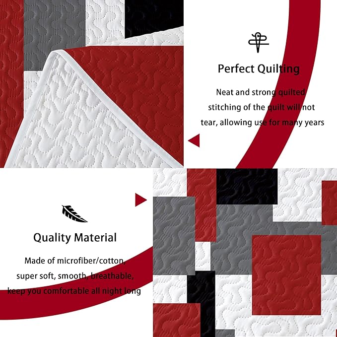 Tyrot 2 Piece Red Black Grey Quilt Set Twin Size Red White Geometric Reversible - Image 4