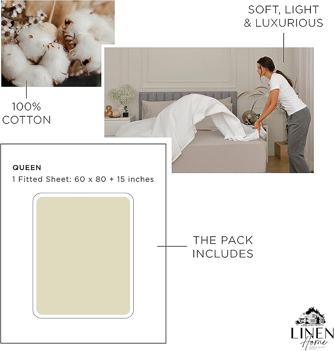 Linen Home 100% Cotton Percale Weave Fitted Sheet, Queen Size, 1 Deep Pocket - Image 6