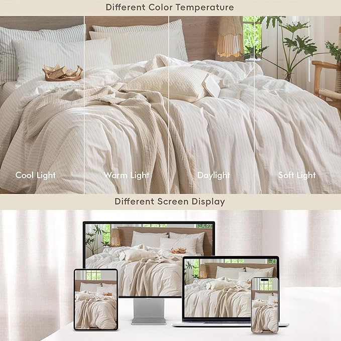 MooMee Striped Duvet Cover Set 100% Washed Cotton Linen Like Textured - Image 7