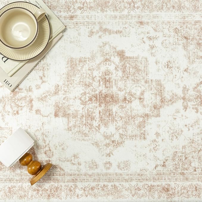 Area Rug 10x12 Cream Washable Living Room Beige Carpet Non Slip Vintage - Image 7
