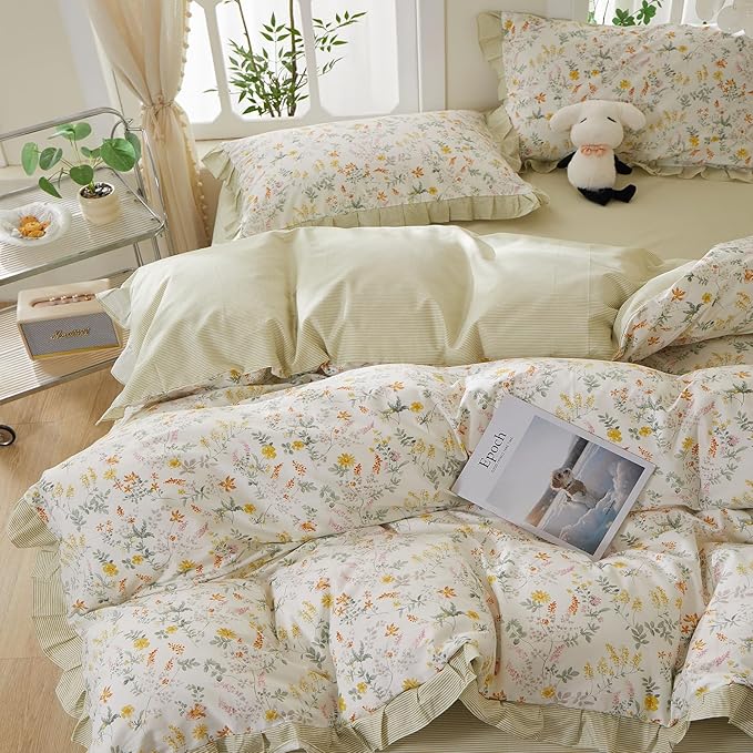 mixinni 100% Cotton Duvet Cover Set Twin, Reversible Spring Floral Ruffle Green - Image 5