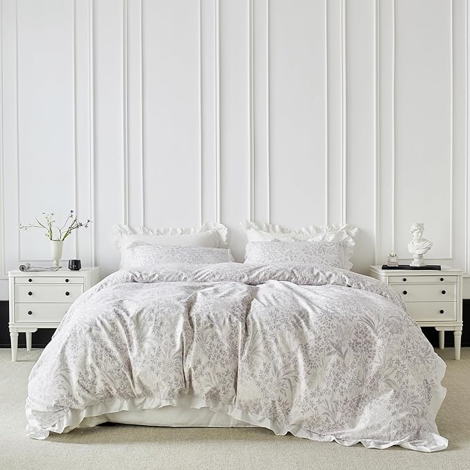 SUSYBAO Purple White Floral Duvet Cover Queen 100% Cotton 3 Pcs Set 1 White by SUSYBAO