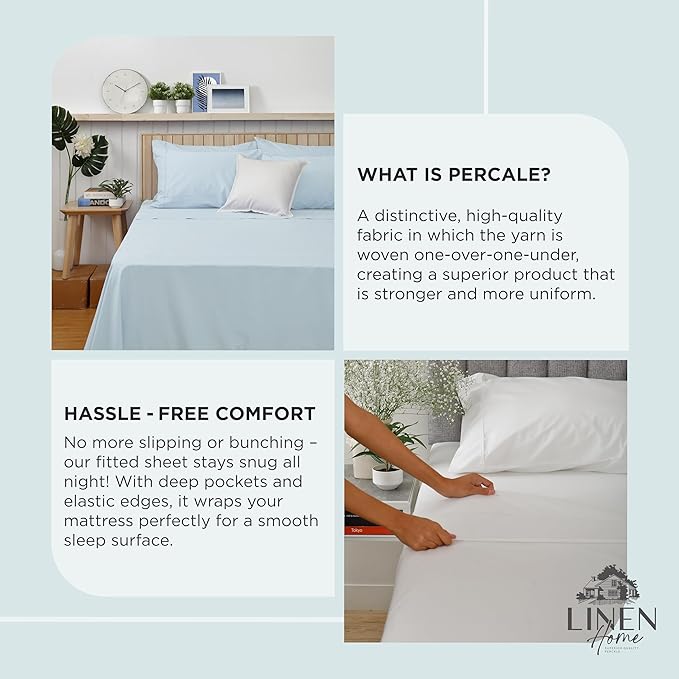 Linen Home 100% Cotton Percale Weave Fitted Sheet, King Size, 1 Deep Pocket - Image 3