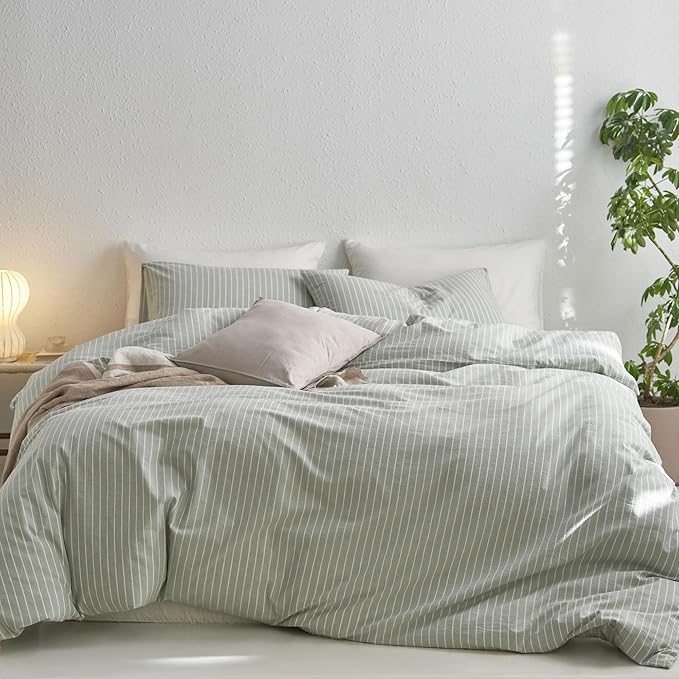 MooMee Striped Duvet Cover Set 100% Washed Cotton Linen Like Textured by MOOMEE