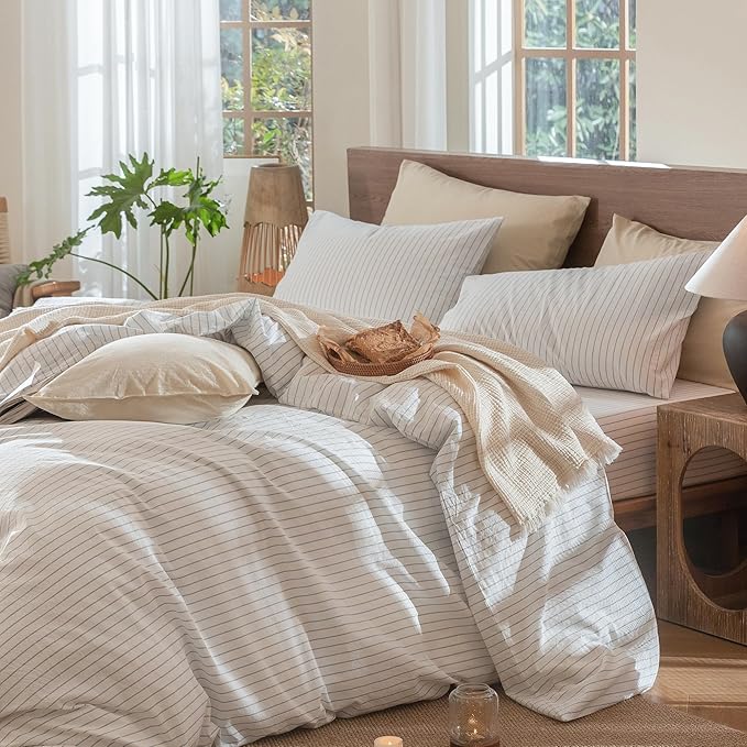 MooMee Striped Duvet Cover Set 100% Washed Cotton Linen Like Textured - Image 3