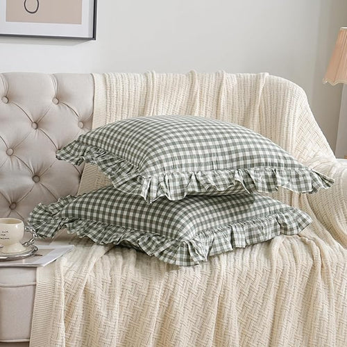 2 Pack Sage Green/White Plaid Ruffle Throw Pillow Covers Farmhouse Checkered - Image 2