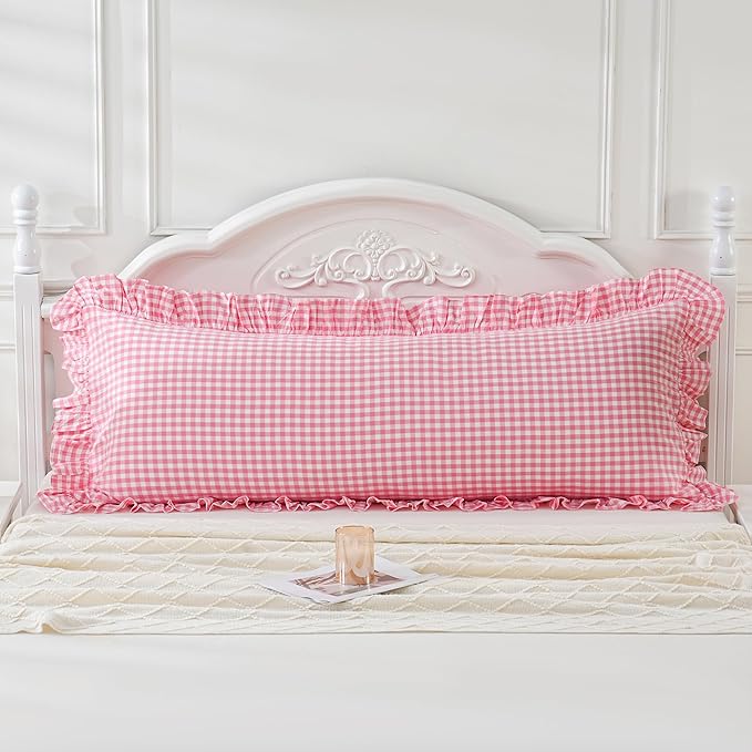 Pink/White Gingham Body Pillow Sham 20x54 inches, 100% Washed Cotton Ruffled - Image 2