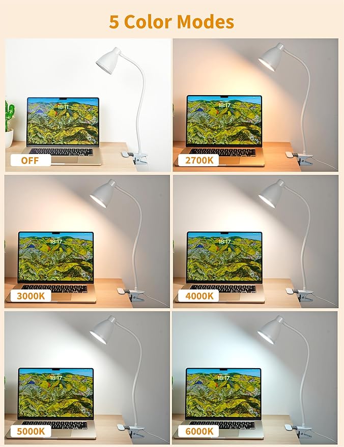 BOHON Clamp Lamp Reading Light 5 Color Modes 10 Brightness Dimmer Bedside Lamp - Image 2