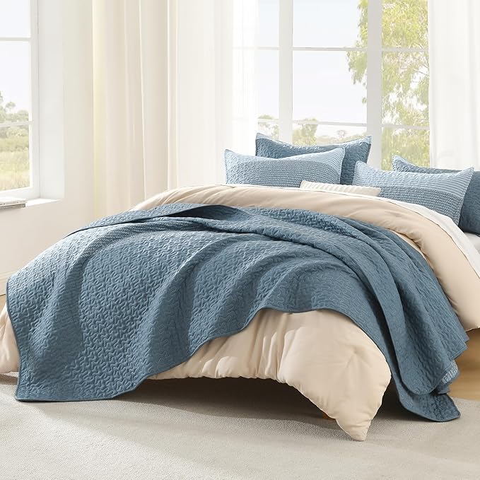 Litanika Quilt Queen Size Blue Linen, Stripe Patchwork Summer Bedspread by Litanika