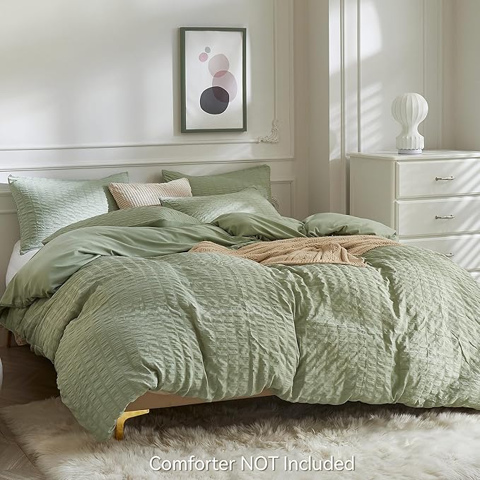 JELLYMONI Light Green Duvet Cover King Size, Soft Breathable Seersucker Duvet - Image 3