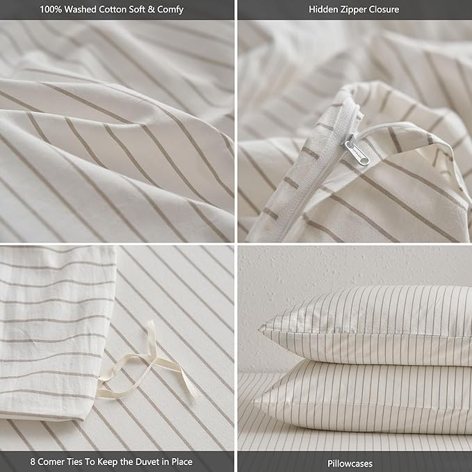 MooMee Striped Duvet Cover Set 100% Washed Cotton Linen Like Textured - Image 6