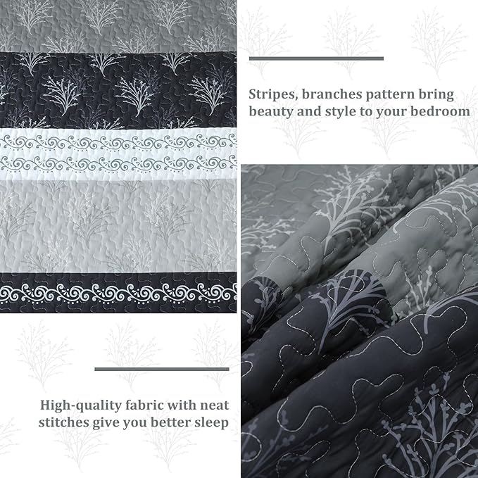 DJY Gray Quilt Set Queen Size Boho Striped Patchwork Bedspread Coverlet - Image 5