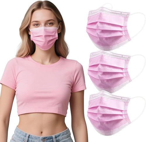 akgk 100PCS Pink Disposable Face Masks, 3-Ply Breathable Pink Face Mask - Image 2