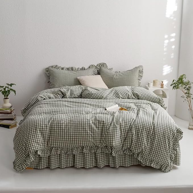 MKXI Sage Green Gingham Duvet Cover Queen, 3-Piece Ruffled Bedding Set - Image 4