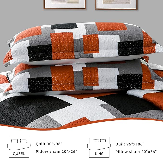 Tyrot 3 Piece Orange Grey Quilt Set King Size Black White Gray Geometric - Image 7