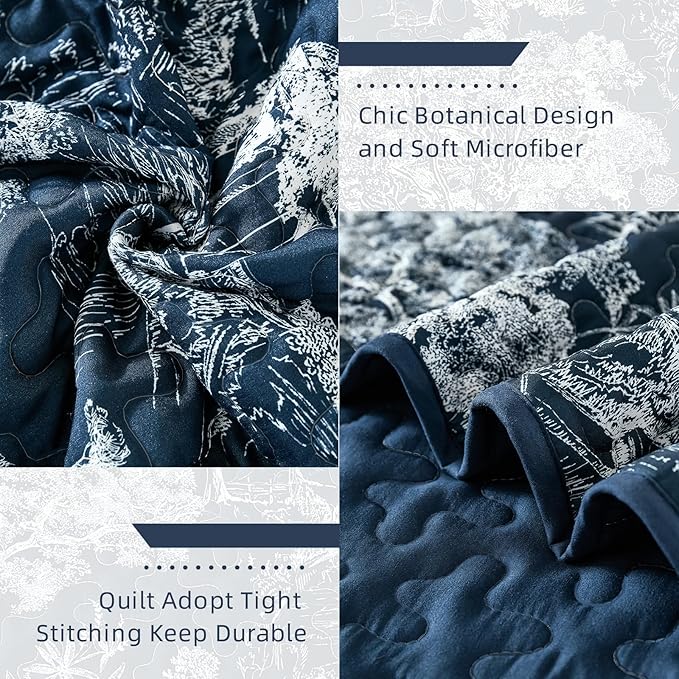WONGS BEDDING Quilt Set Queen Size, 3 Pieces Navy Blue Floral Plants Printed - Image 4