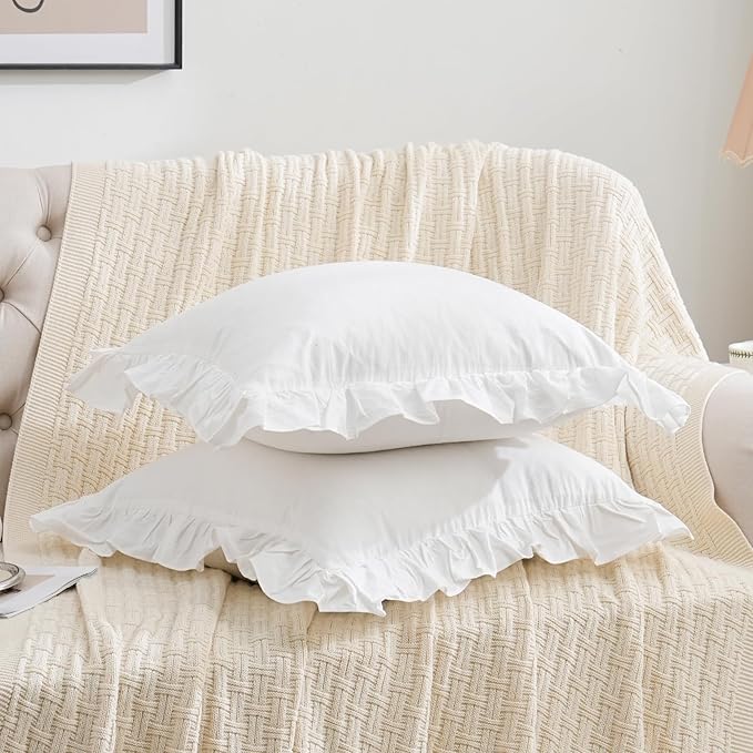 2 Pack Ruffle Throw Pillow Covers Farmhouse Off White Shabby Washed Cotton - Image 2
