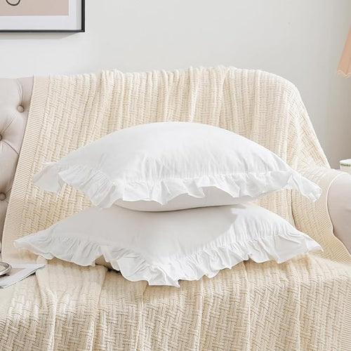 2 Pack Ruffle Throw Pillow Covers Farmhouse Off White Shabby Washed Cotton - Image 2
