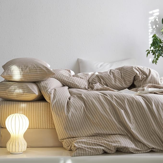 MooMee Striped Duvet Cover Set 100% Washed Cotton Linen Like Textured - Image 7