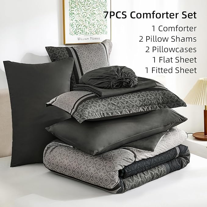 WONGS BEDDING Comforter Set Full Size, Dark Grey Striped 7 Pieces Bed in a Bag - Image 7