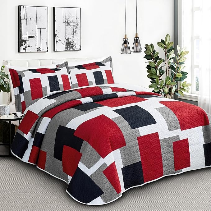 Tyrot 2 Piece Red Black Grey Quilt Set Twin Size Red White Geometric Reversible - Image 2