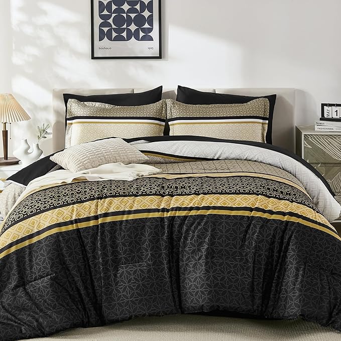 WONGS BEDDING Yellow Black King Comforter Set 7 Pieces, Boho Striped Bed in a - Image 2