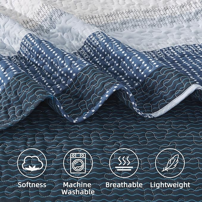 Andency Navy Blue Striped Quilt Set Cal King, 3 Pieces Patchwork Bedspread - Image 7