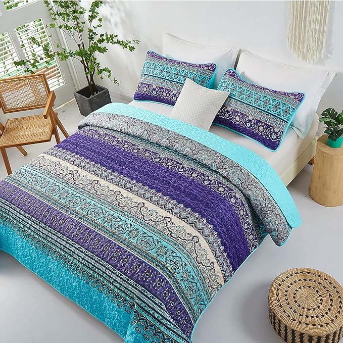 WONGS BEDDING Boho Quilt Set, Lightweight Microfiber Bed Decor Bedspread - Image 3