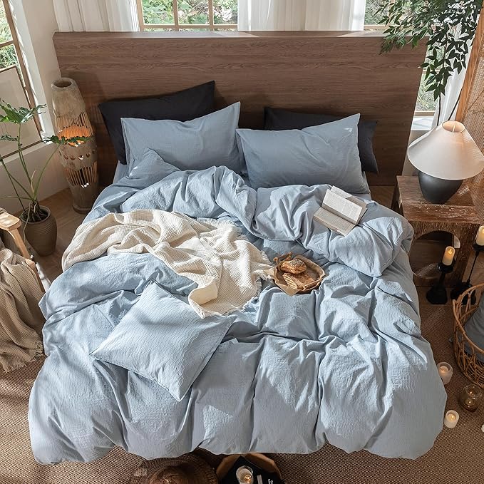 MooMee Wavy Striped Duvet Cover Set 100% Washed Cotton Linen Like Textured - Image 4