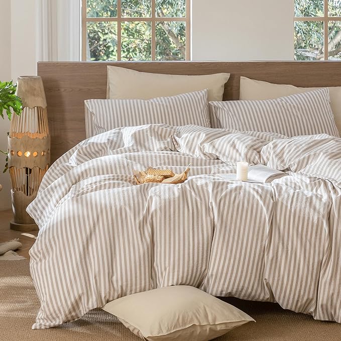 MooMee Striped Duvet Cover Set 100% Washed Cotton Linen Like Textured - Image 6