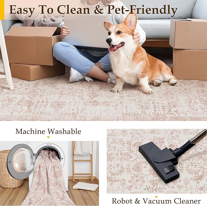 Pink Area Rug 4x6 Office Entryway Rug Machine Washable Kitchen Vintage - Image 4