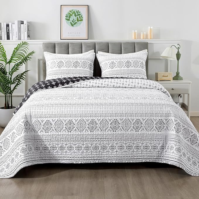 Andency Black White California King Quilt Set, 3 Pieces Boho Lightweight Soft by Andency