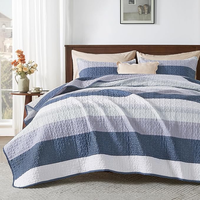 Andency Oversized King Quilt Bedding Set, 120x98Inch Mineral Blue Stripe by Andency