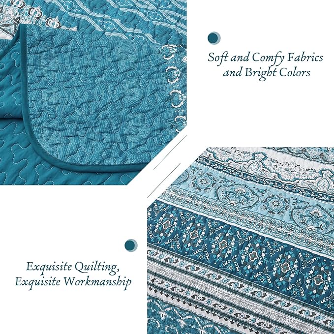 WONGS BEDDING Boho King Quilt Set, Teal and Blue Bohemian Quilt Bedding Set - Image 5