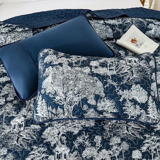 WONGS BEDDING Quilt Set King Size, 3 Pieces Navy Blue Botanical Floral Printed - Image 9