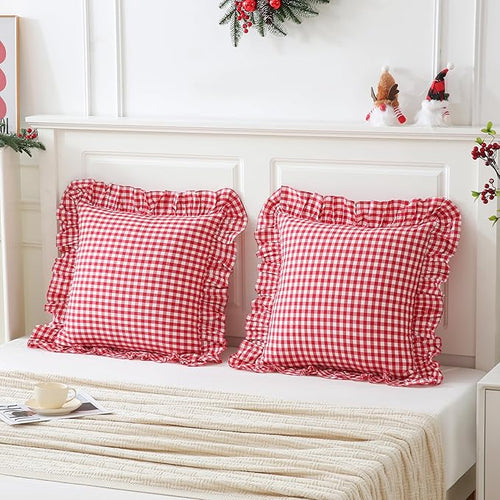 2 Pack 26x26 inches Red/White Gingham Pillow Cover 100% Washed Cotton Ruffled - Image 2