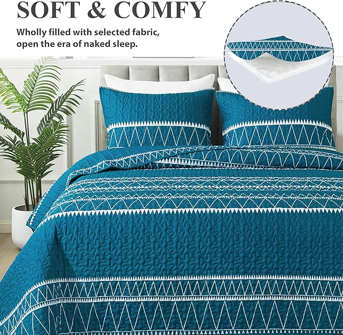 Andency Teal California King Quilt Set, 3 Pieces Boho Lightweight Soft Striped - Image 4