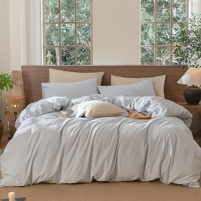 MooMee Striped Duvet Cover Set 100% Washed Cotton Linen Like Textured by MOOMEE