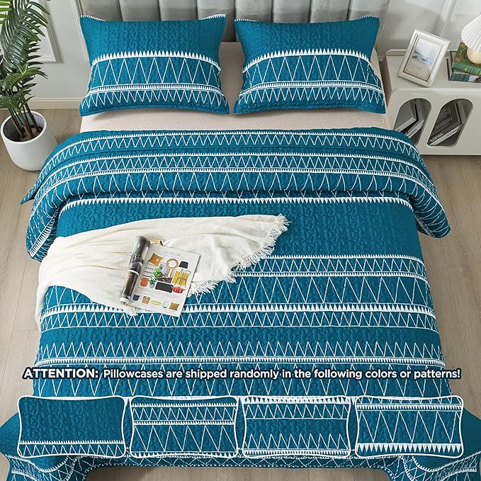 Andency Teal Twin Quilt Set, 2 Pieces Boho Lightweight Soft Striped Bedspread - Image 6